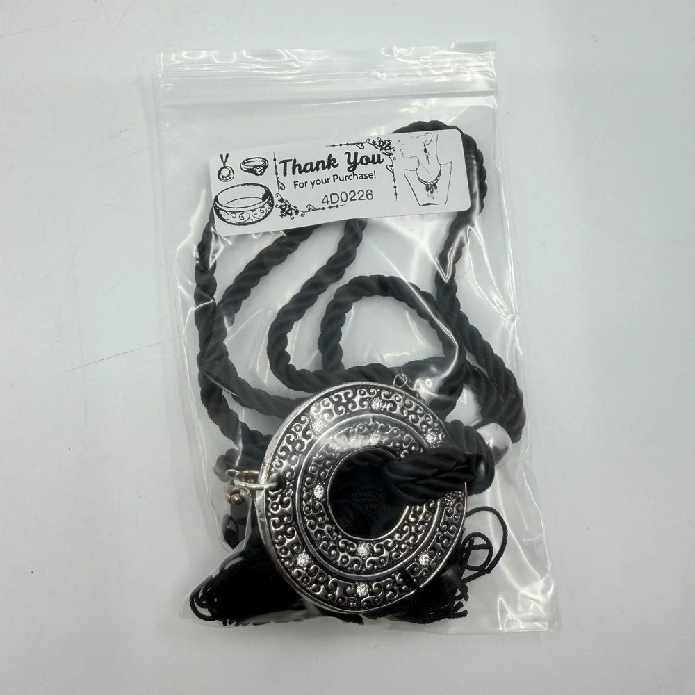 Necklace Vintage Black Cord Tassel Silver Tone Rhinestone Circle Pendant Boho